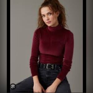 AE Velvet Burgundy Long Sleeve Bodysuit Thong Mock Neck Turtleneck Size xl